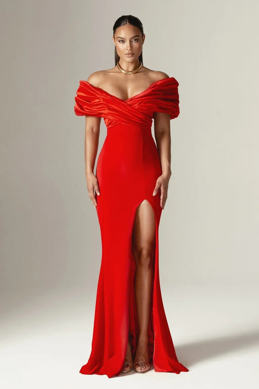Off-Shoulder Ruched Slit Prom Dress
