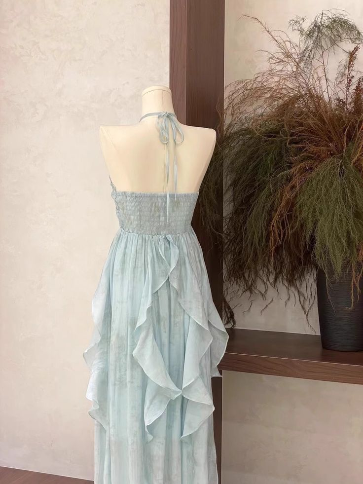 Cute Halter Ruffled Floral Prom Dress Blue Chiffon Long Vacation Dress - View 4 | VelvetHem