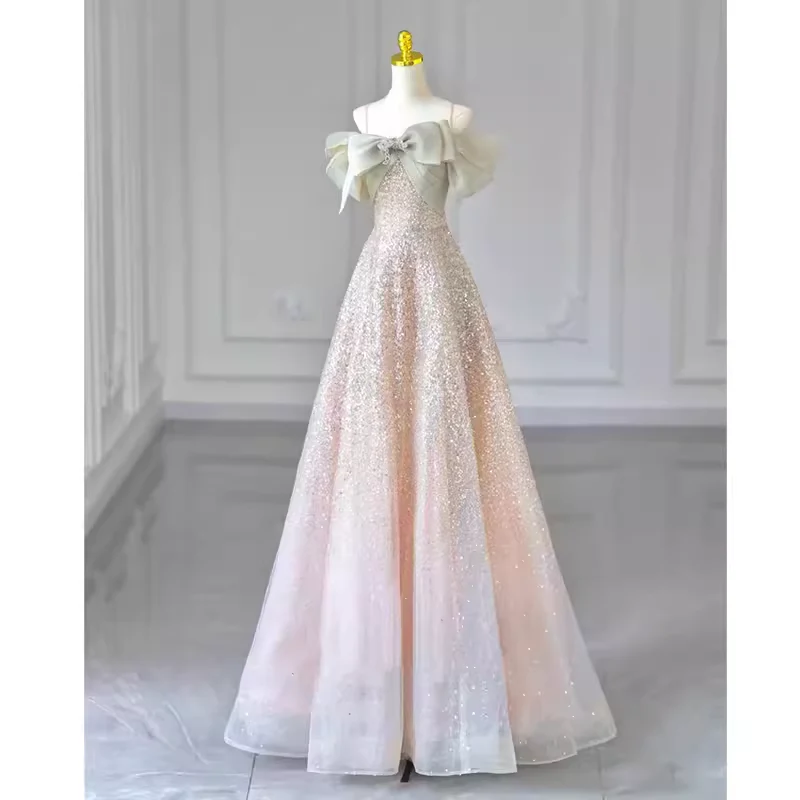 A line Straps Sequin Long Evening Dress Prom Dress