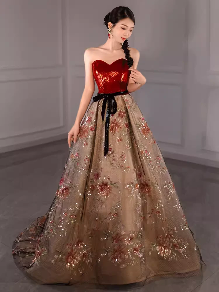 Ball Gown Strapless Burgundy Sequin Long Evening Dress Prom Dress - VelvetHem