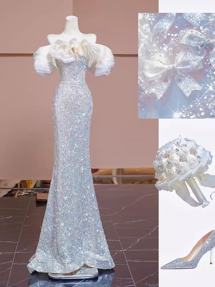 Mermaid Off The Shoulder Sequin Long Evening Dress Beads Prom Dress