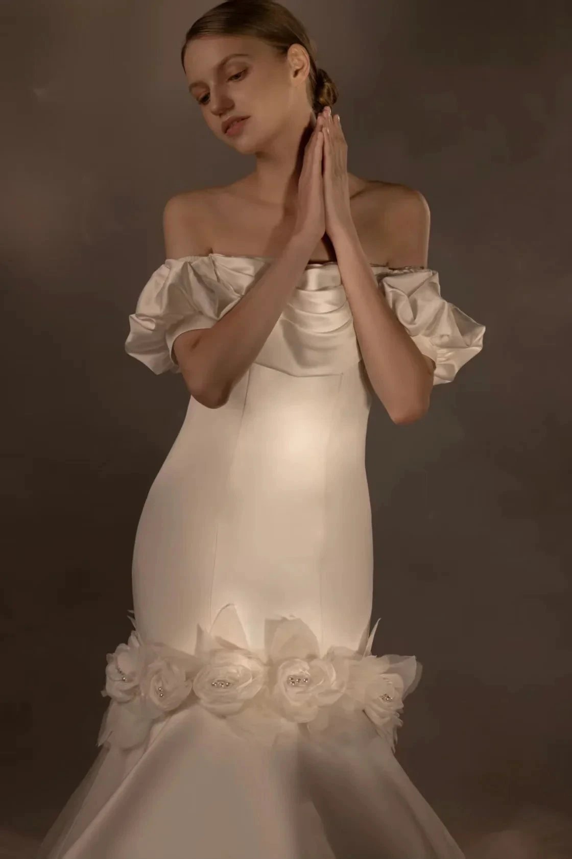 Gorgeous Long Mermaid Off-the-Shoulder Puff Sleeve Satin Wedding Dress with 3D Flower & Lace-Up Back & Tulle Train Q6012 by ZAPDRESS