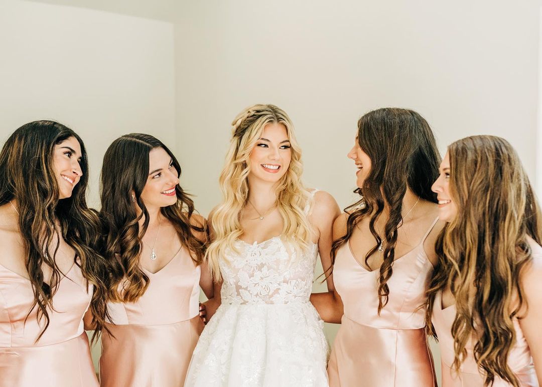 Beautiful A Line Spaghetti Straps Blush Long Bridesmaid Dress with Split Front - View 5 | VelvetHem