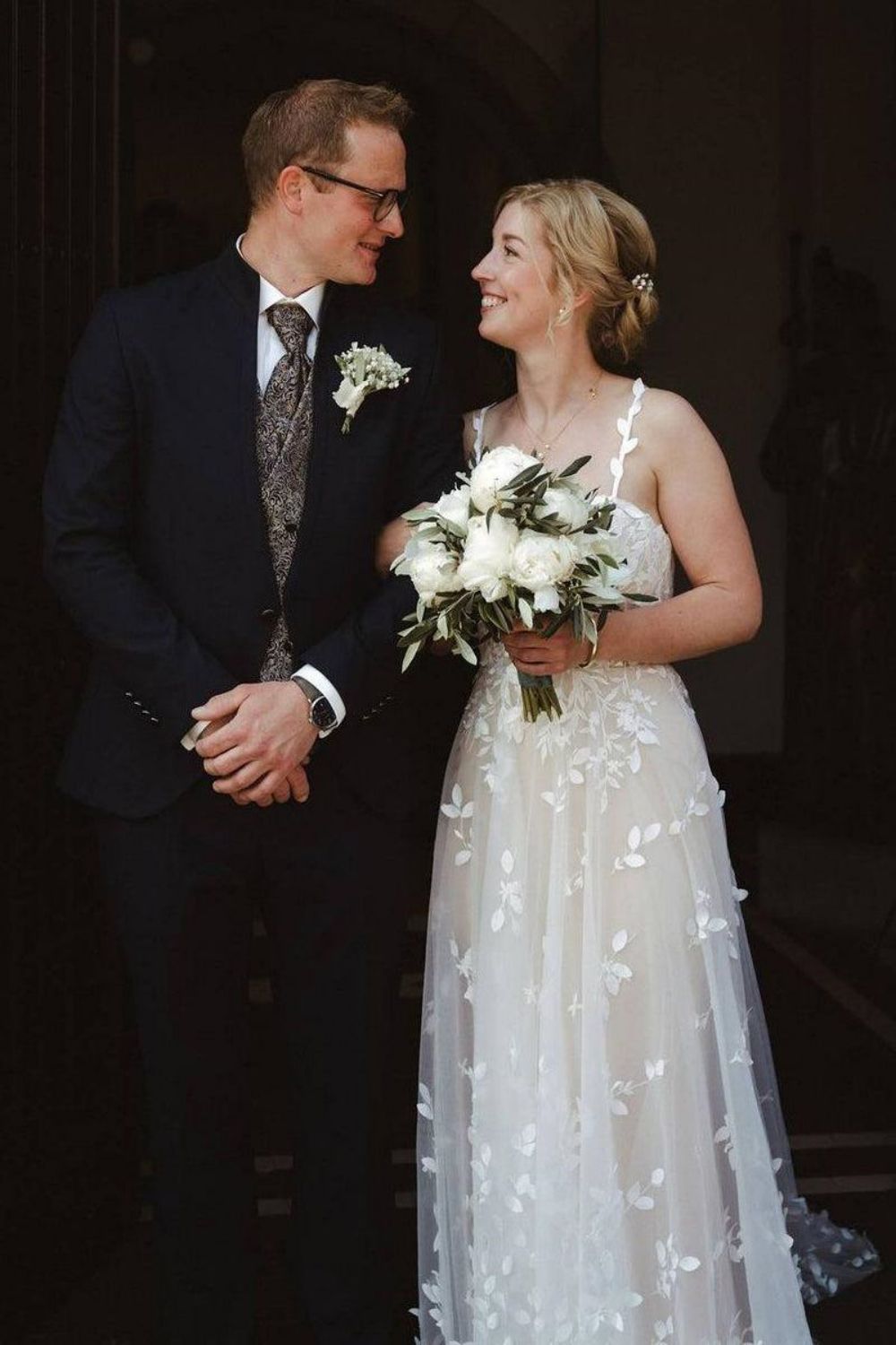 Beautiful A Line Spaghetti Straps White Tulle Wedding Dress with Appliques - View 3 | VelvetHem