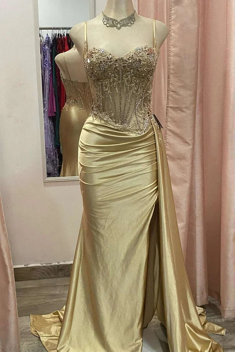 Stunning Mermaid Spaghetti Straps Long Glitter Prom Dress with High Slit