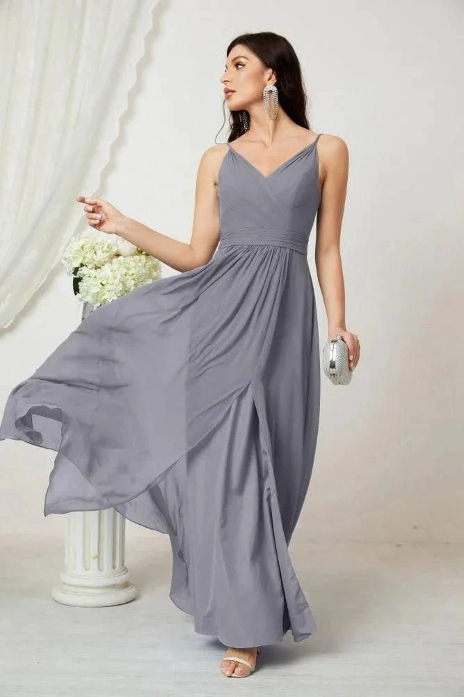Numbersea Chiffon V-Neck Bridesmaid Dress Spaghetti Strap Long Formal Party Prom Gowns with Slit 28010 by numbersea