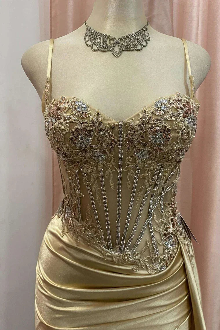Stunning Mermaid Spaghetti Straps Long Glitter Prom Dress with High Slit