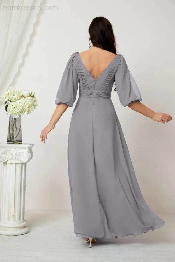 ZapDress  Formal Prom Gown Women V-Neck Chiffon Bridesmaid Dresses Long Bishop Sleeve Party Dress 2807 (ZD17027)