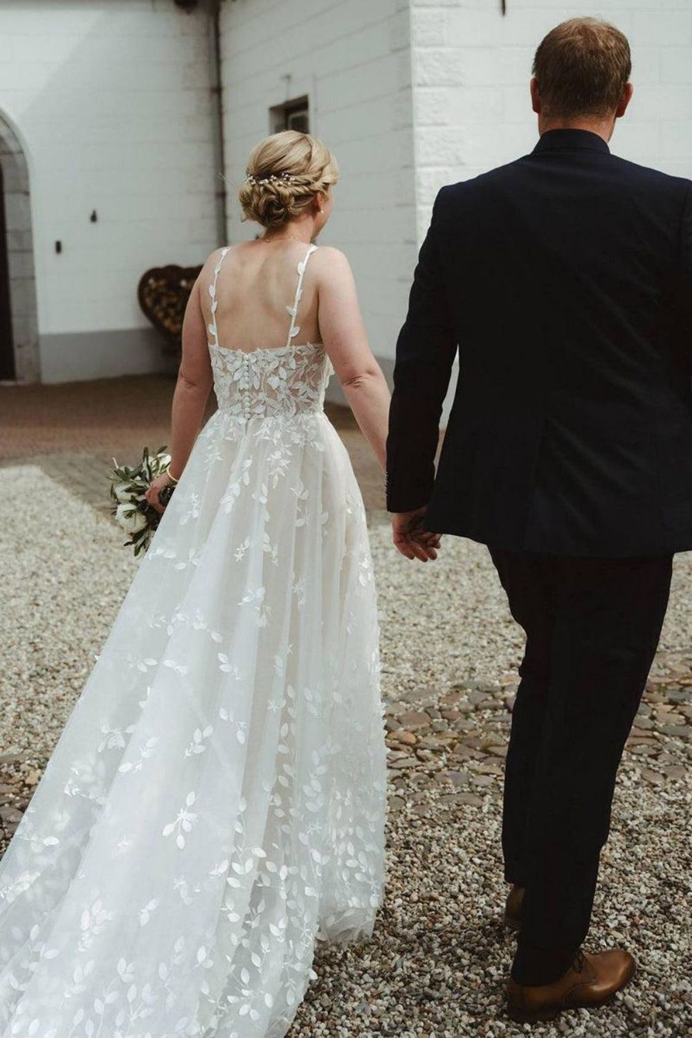Beautiful A Line Spaghetti Straps White Tulle Wedding Dress with Appliques - View 2 | VelvetHem