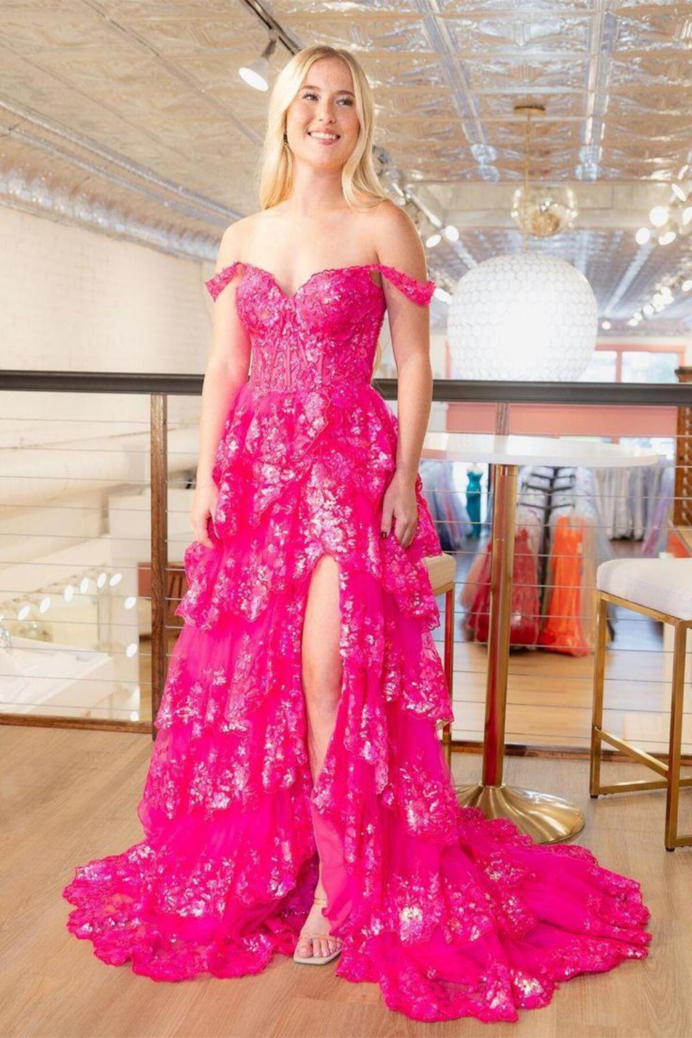 Princess A Line Sweetheart Silver Corset Prom Dress with Lace Ruffles - View 7 | VelvetHem