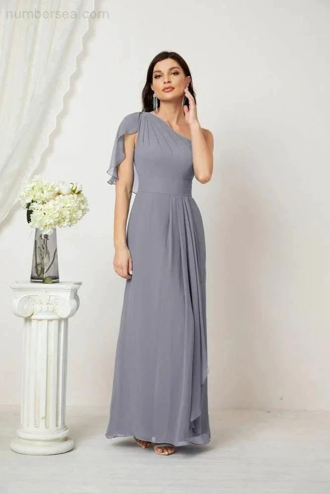 ZapDress  Chiffon Ruffled One Shoulder Long Bridesmaid Dresses A-line Formal Evening Gown Side Split 2809 (ZD17049)
