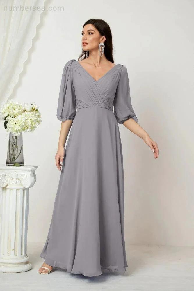 ZapDress  Formal Prom Gown Women V-Neck Chiffon Bridesmaid Dresses Long Bishop Sleeve Party Dress 2807 (ZD17027)