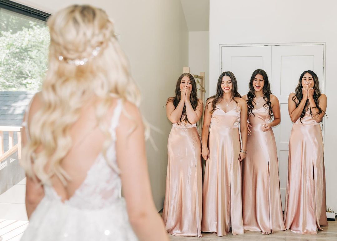 Beautiful A Line Spaghetti Straps Blush Long Bridesmaid Dress with Split Front - View 4 | VelvetHem