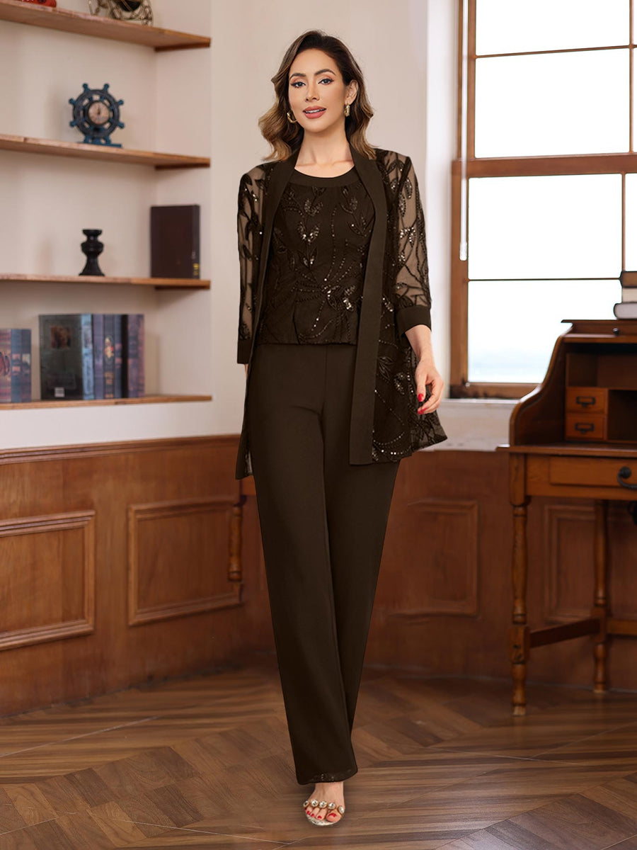 3 Piece Long Chiffon Pantsuits with Sequins for the Mother of the Bride