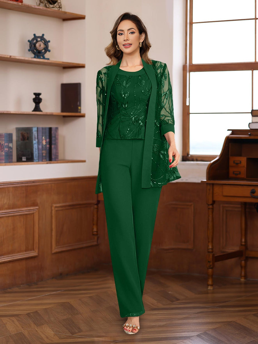 3 Piece Long Chiffon Pantsuits with Sequins for the Mother of the Bride
