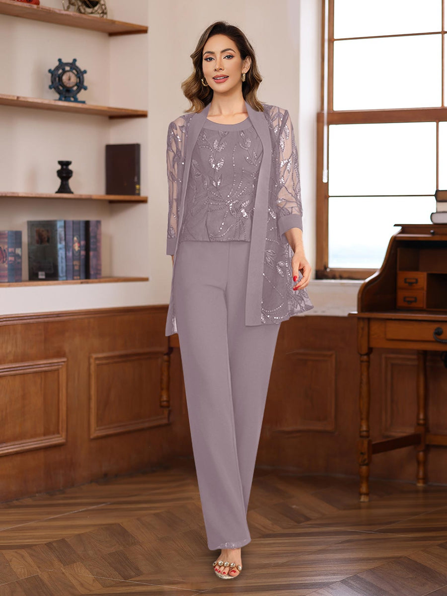 3 Piece Long Chiffon Pantsuits with Sequins for the Mother of the Bride