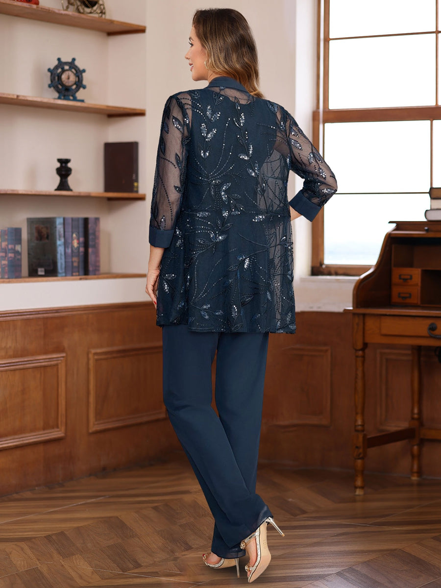 3 Piece Long Chiffon Pantsuits with Sequins for the Mother of the Bride