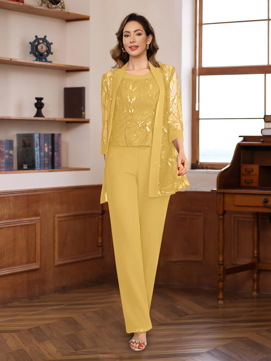 3 Piece Long Chiffon Pantsuits with Sequins for the Mother of the Bride