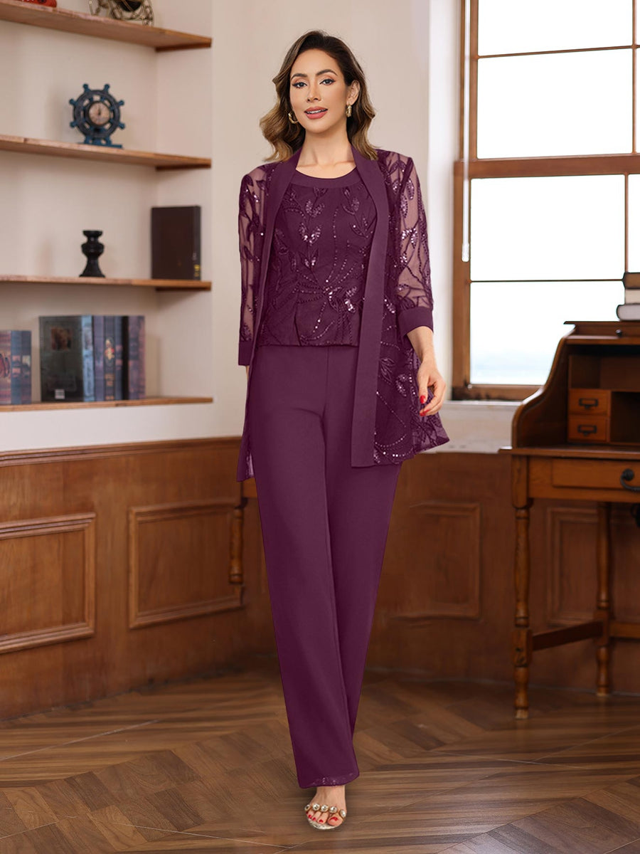 3 Piece Long Chiffon Pantsuits with Sequins for the Mother of the Bride
