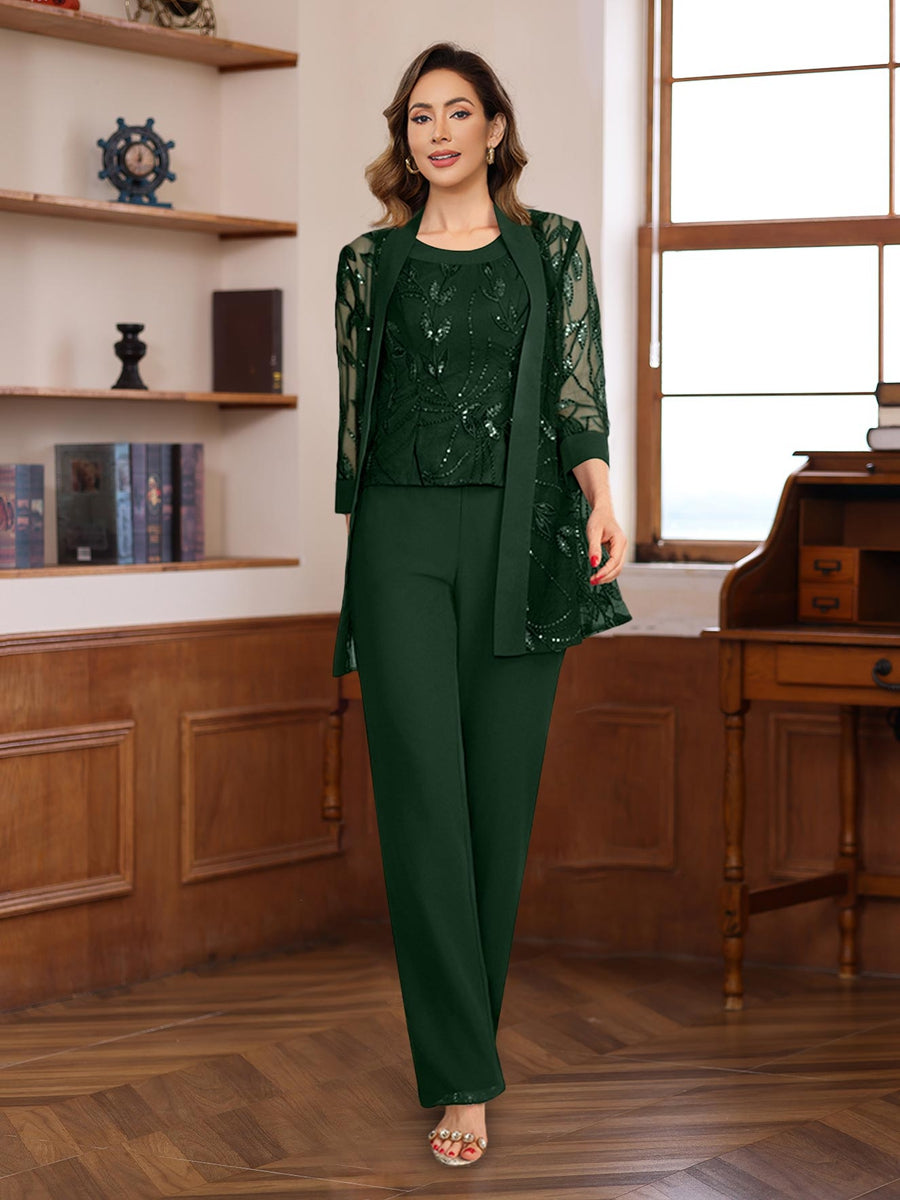 3 Piece Long Chiffon Pantsuits with Sequins for the Mother of the Bride