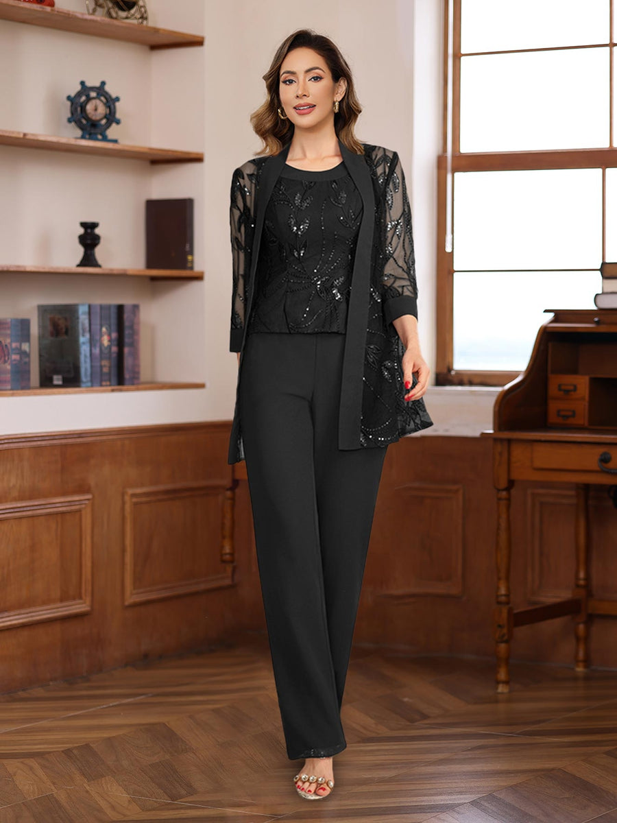 3 Piece Long Chiffon Pantsuits with Sequins for the Mother of the Bride