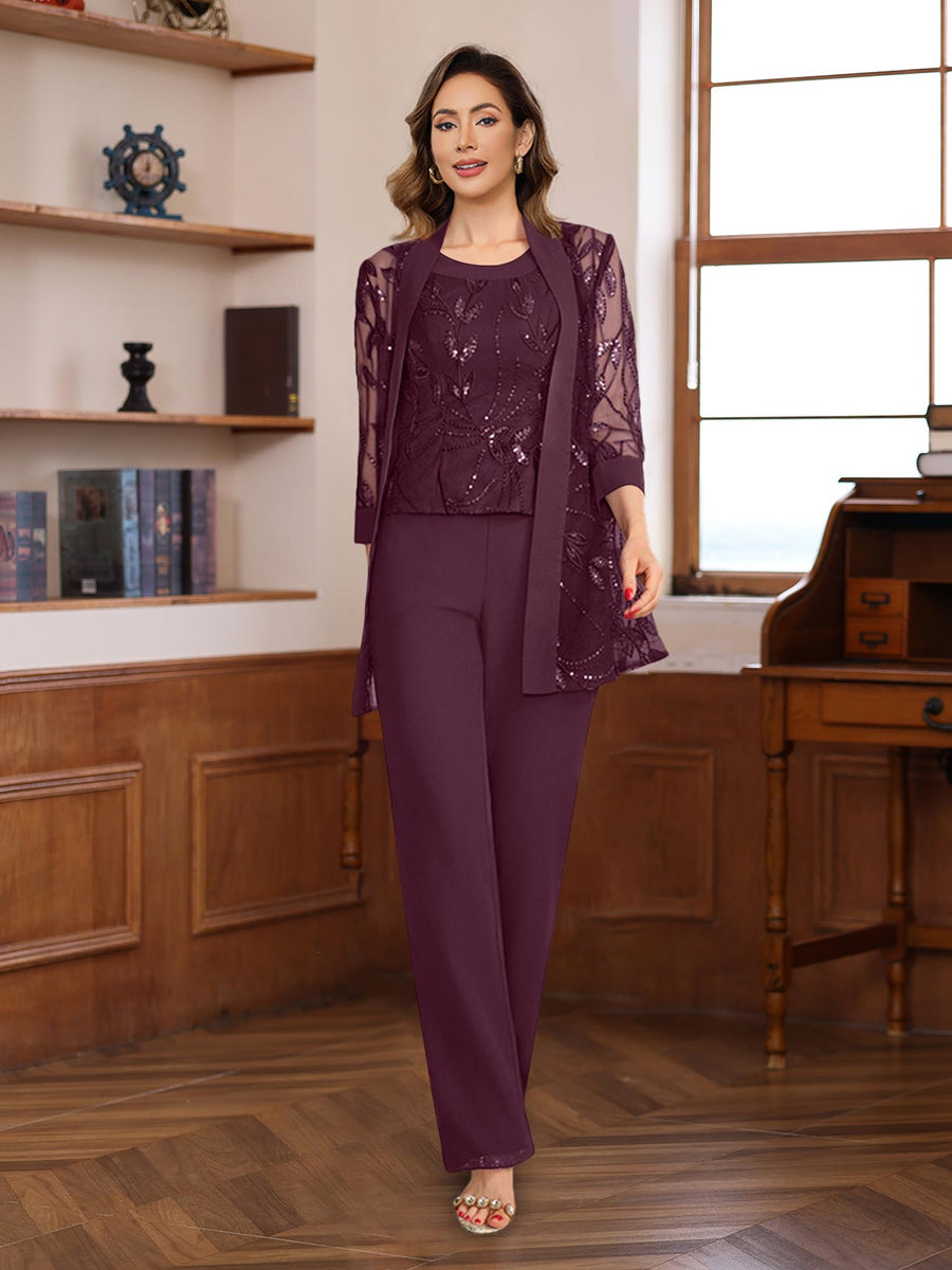 3 Piece Long Chiffon Pantsuits with Sequins for the Mother of the Bride