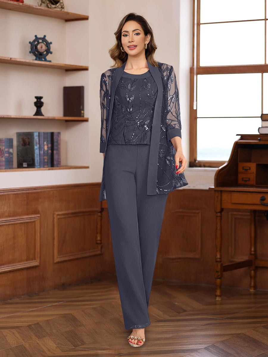 3 Piece Long Chiffon Pantsuits with Sequins for the Mother of the Bride