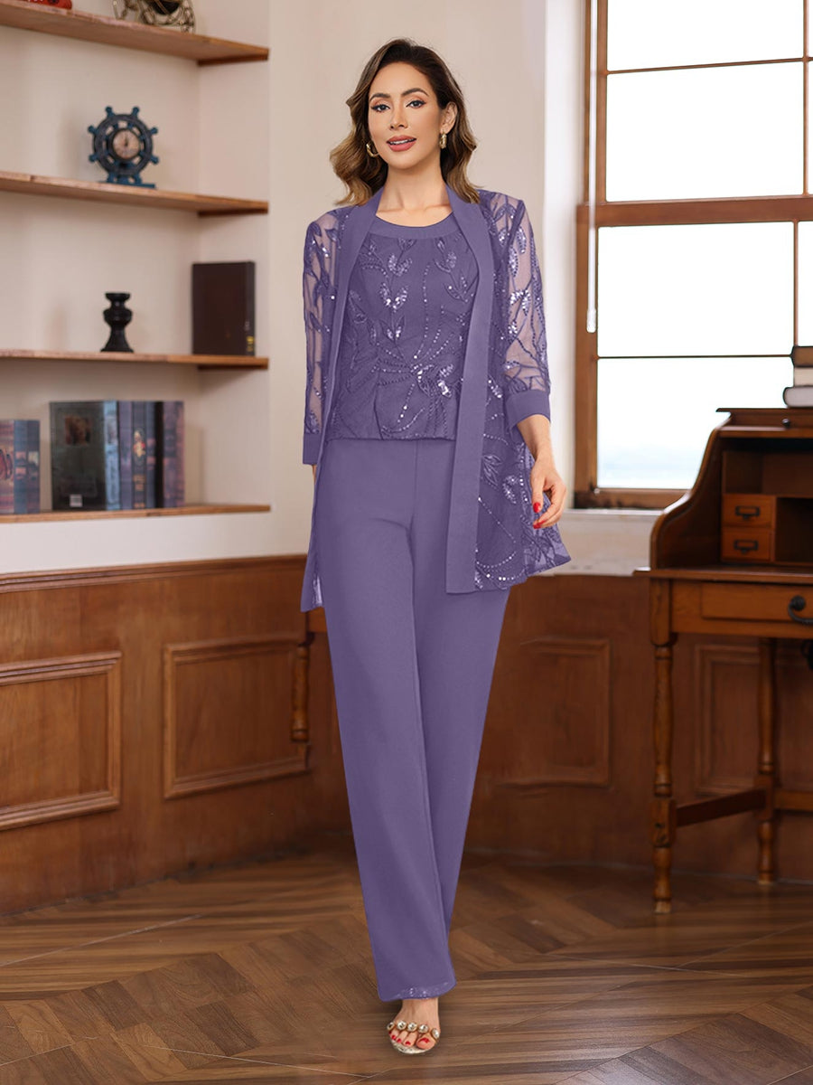 3 Piece Long Chiffon Pantsuits with Sequins for the Mother of the Bride
