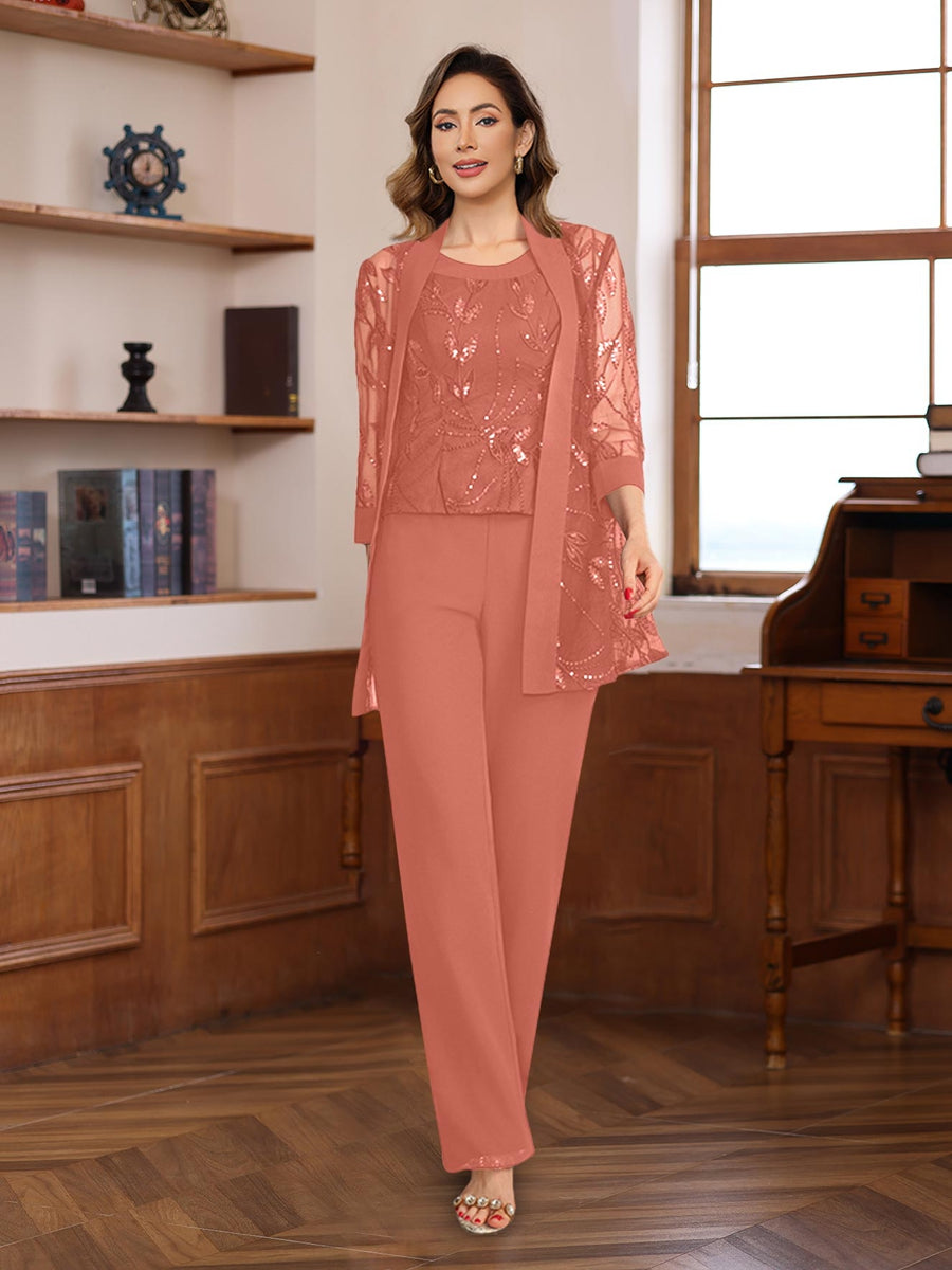3 Piece Long Chiffon Pantsuits with Sequins for the Mother of the Bride