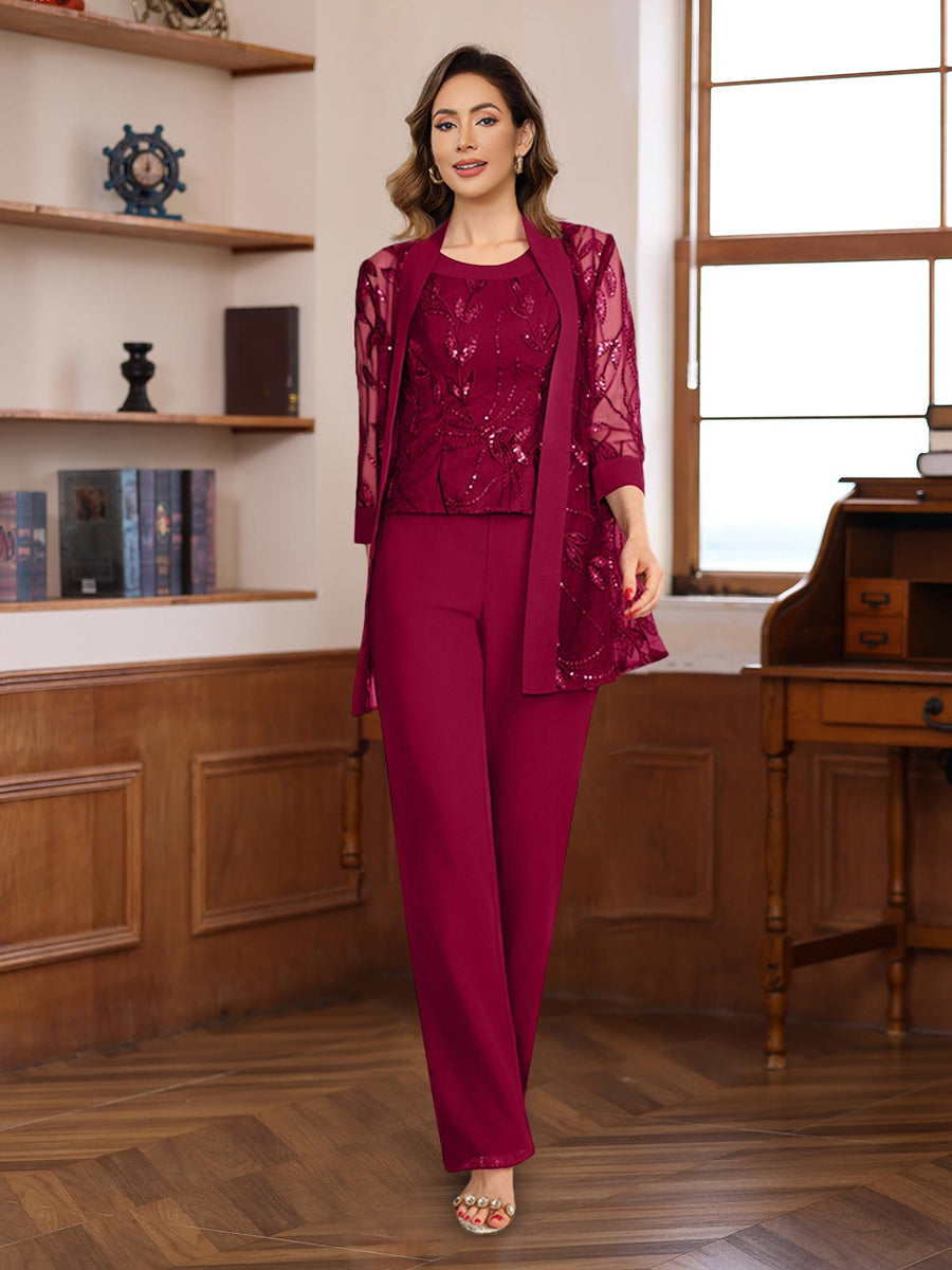 3 Piece Long Chiffon Pantsuits with Sequins for the Mother of the Bride