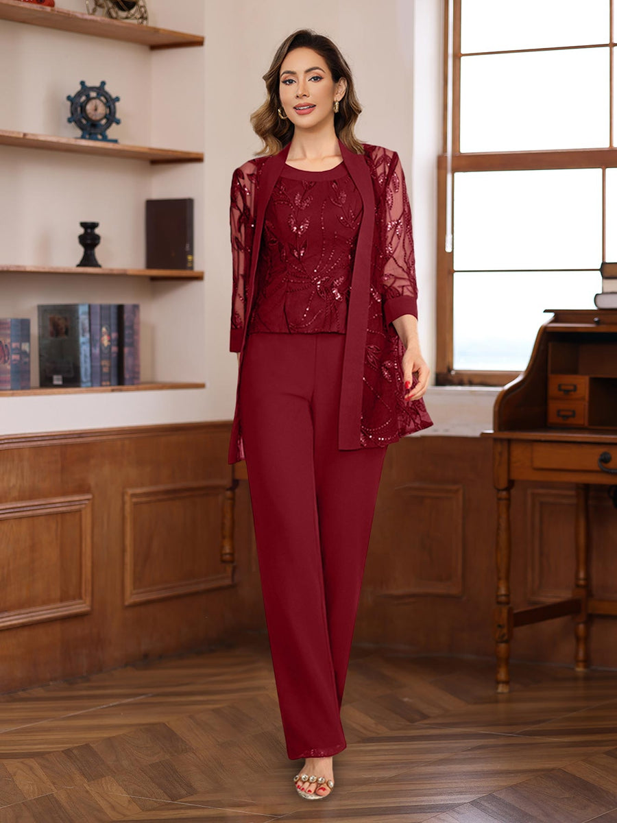 3 Piece Long Chiffon Pantsuits with Sequins for the Mother of the Bride