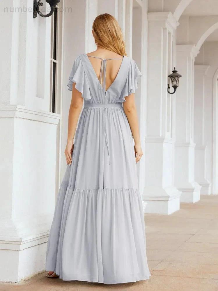 ZapDress Women's Open Back Formal Evening Party Prom Gowns V-Neck Long Chiffon Bridesmaid Dresses with Waist Belt 28038 (ZD17000)