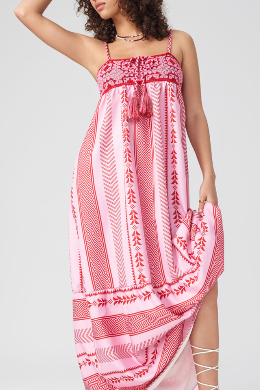 Elisa Statement Printed Embroidered Camisole Midi Dress with Lace Up Detail Evening Wear Edit