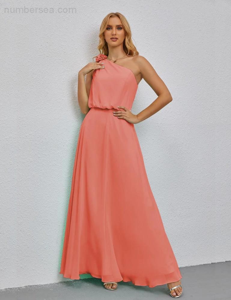Ruffled One Shoulder Sleeveless Long Bridesmaid Dresses A-line Formal Evening Gown Side Split 28080 (ZD17018)