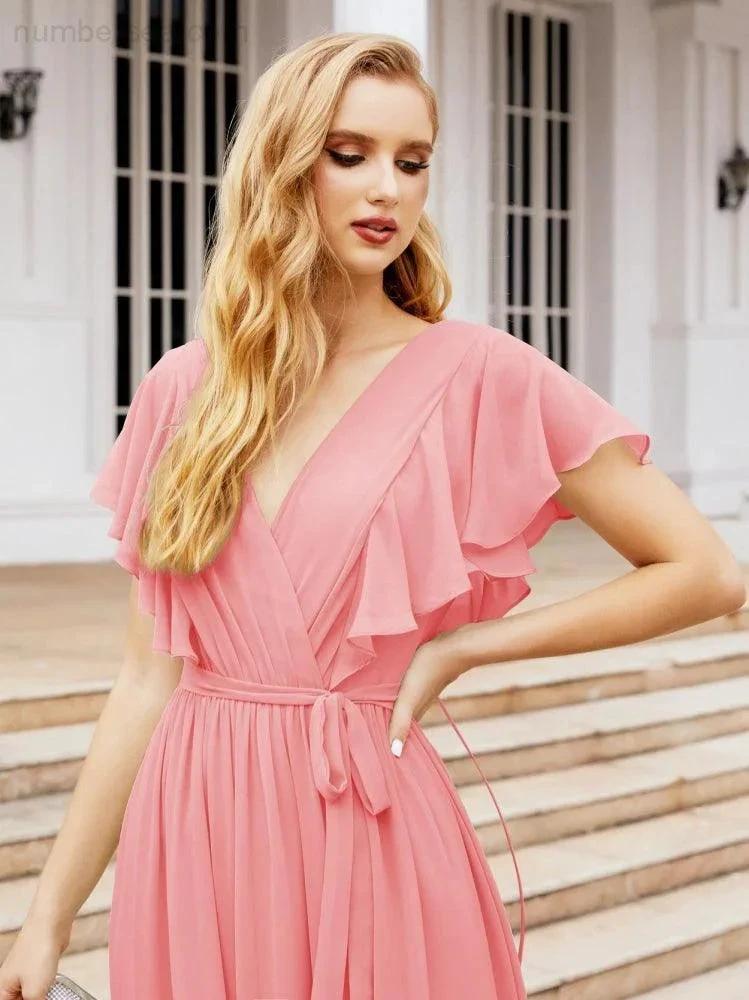 ZapDress Women's Open Back Formal Evening Party Prom Gowns V-Neck Long Chiffon Bridesmaid Dresses with Waist Belt 28038 (ZD17000)