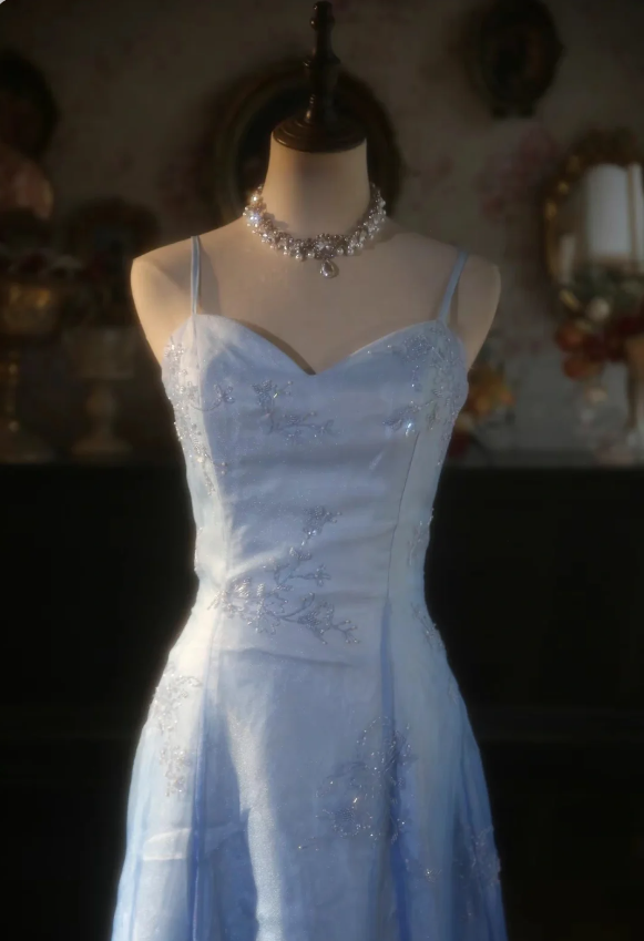 Vintage Gradient Light Blue A-line Spaghetti Strap Beaded Tulle Long Prom Dress Evening Dress