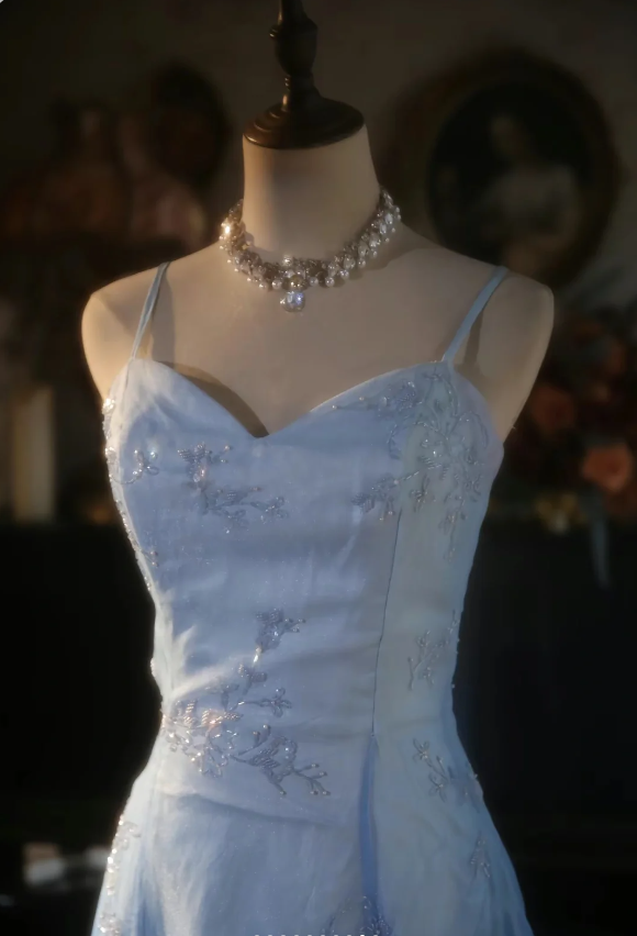 Vintage Gradient Light Blue A-line Spaghetti Strap Beaded Tulle Long Prom Dress Evening Dress
