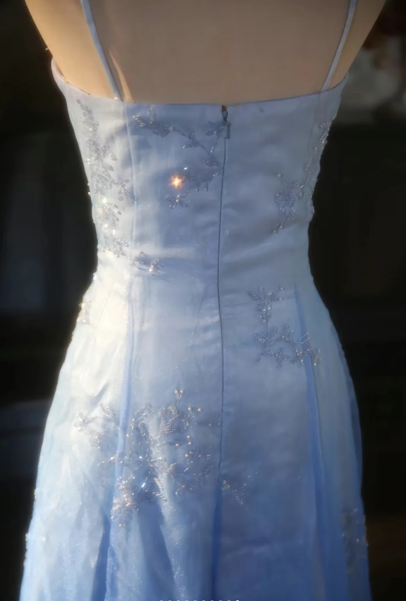Vintage Gradient Light Blue A-line Spaghetti Strap Beaded Tulle Long Prom Dress Evening Dress