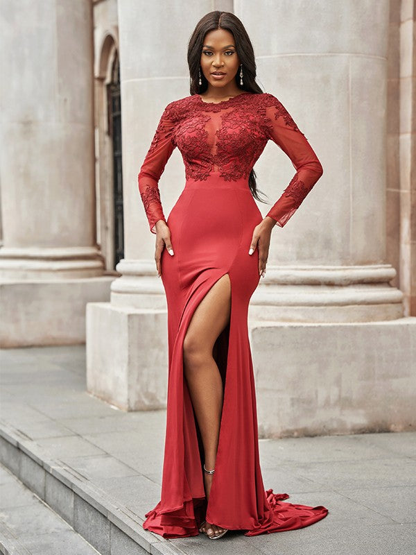 Stunning Long Sleeves Satin Lace Mermaid Prom Dresses with Slit