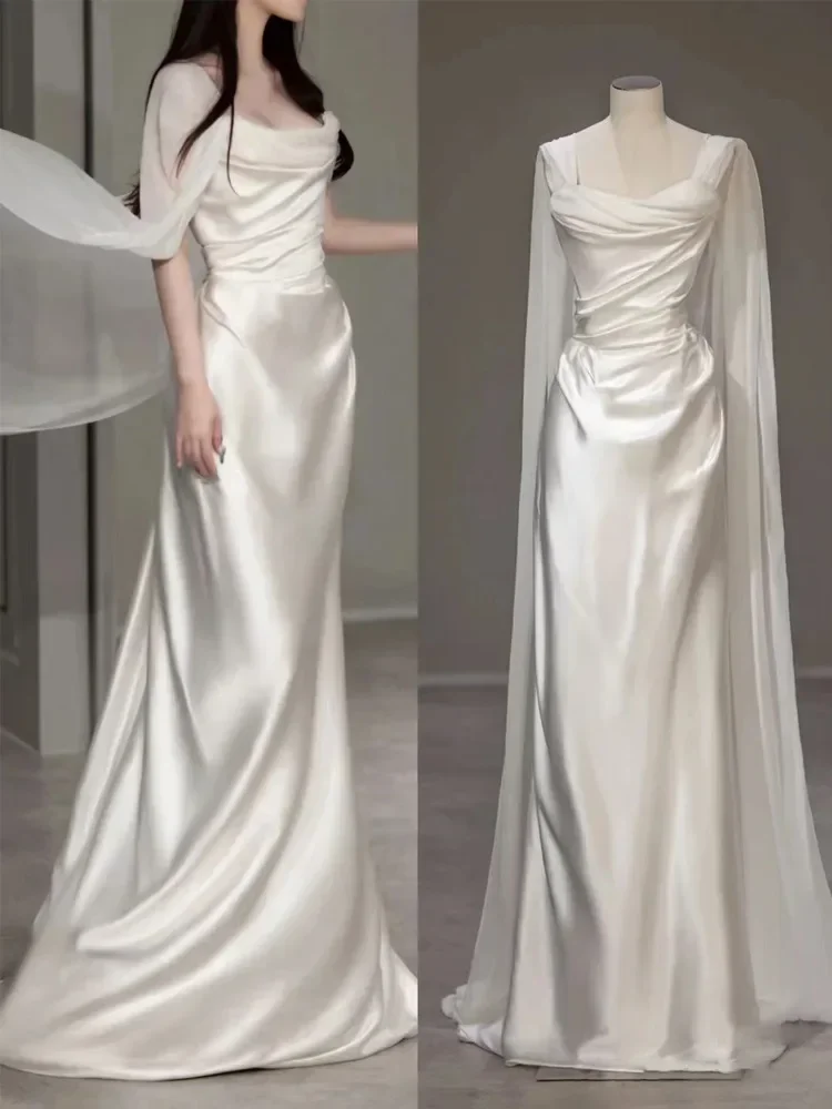 Beautiful Wedding Dress New Simple Two Wear Slim Satin White Prom Dress