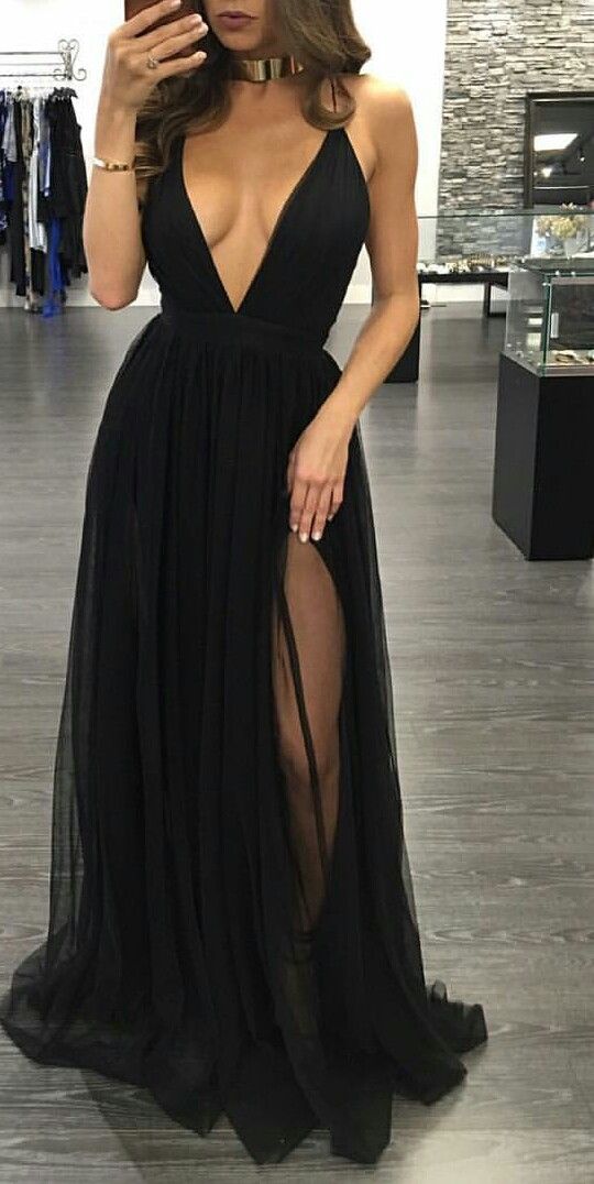 Black Prom Dresses,Chiffon Prom Dress,A line Prom Dresses,Evening Gowns,Party Dress,Slit Prom Gown For Teens Y1248 - VelvetHem