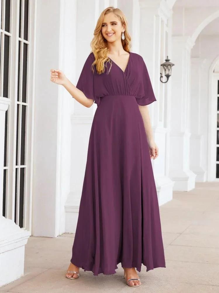 Numbersea V-Neck Bridesmaid Dress Chiffon Long Open Back Formal Dresses for Women Party Evening 28067 by numbersea