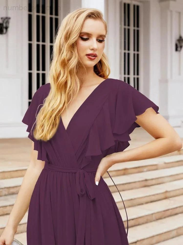 ZapDress Women's Open Back Formal Evening Party Prom Gowns V-Neck Long Chiffon Bridesmaid Dresses with Waist Belt 28038 (ZD17000)