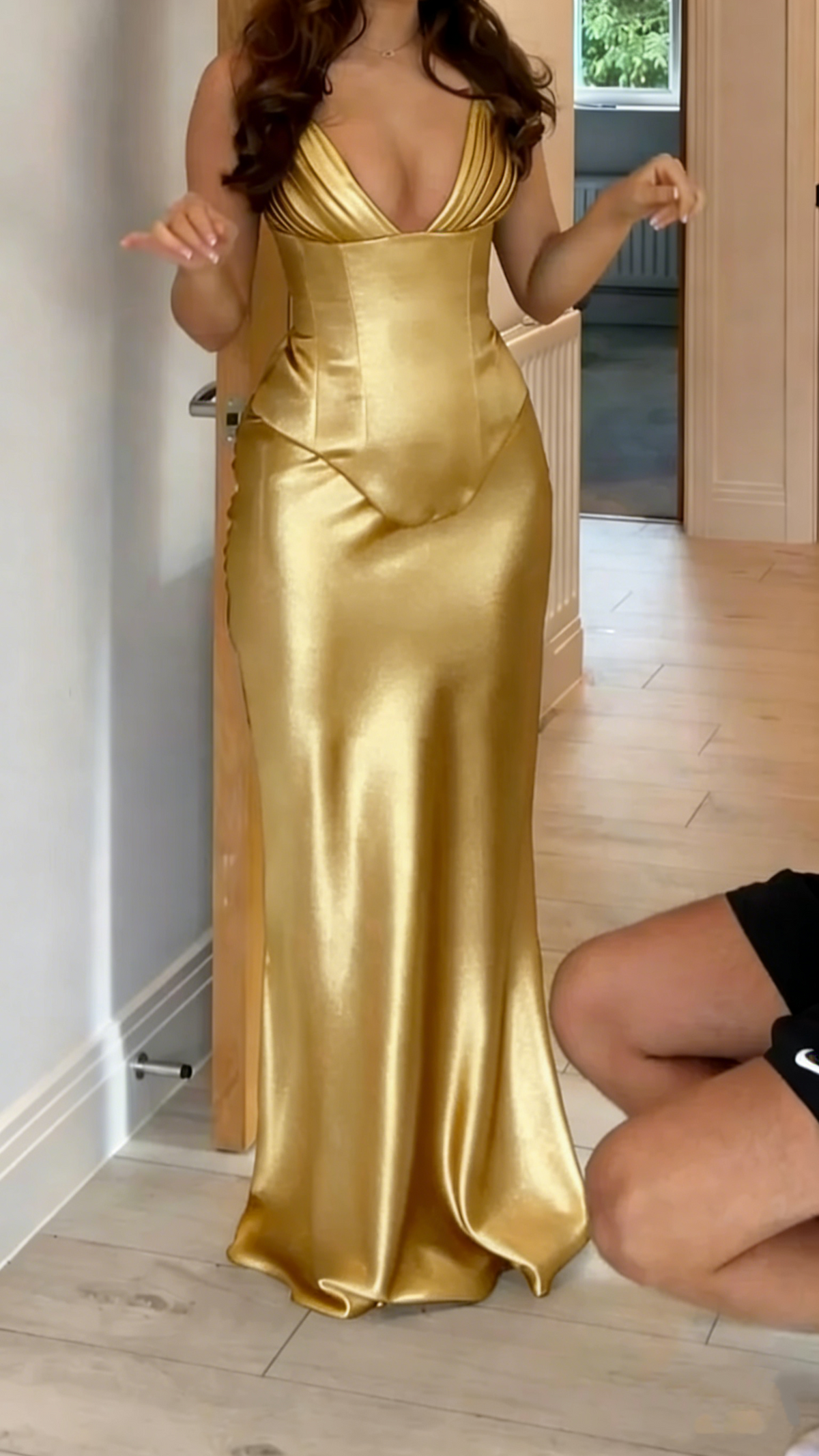 Classy Olive Green V Neck Satin Mermaid Party Dress Long Evening Gown - View 8 | VelvetHem