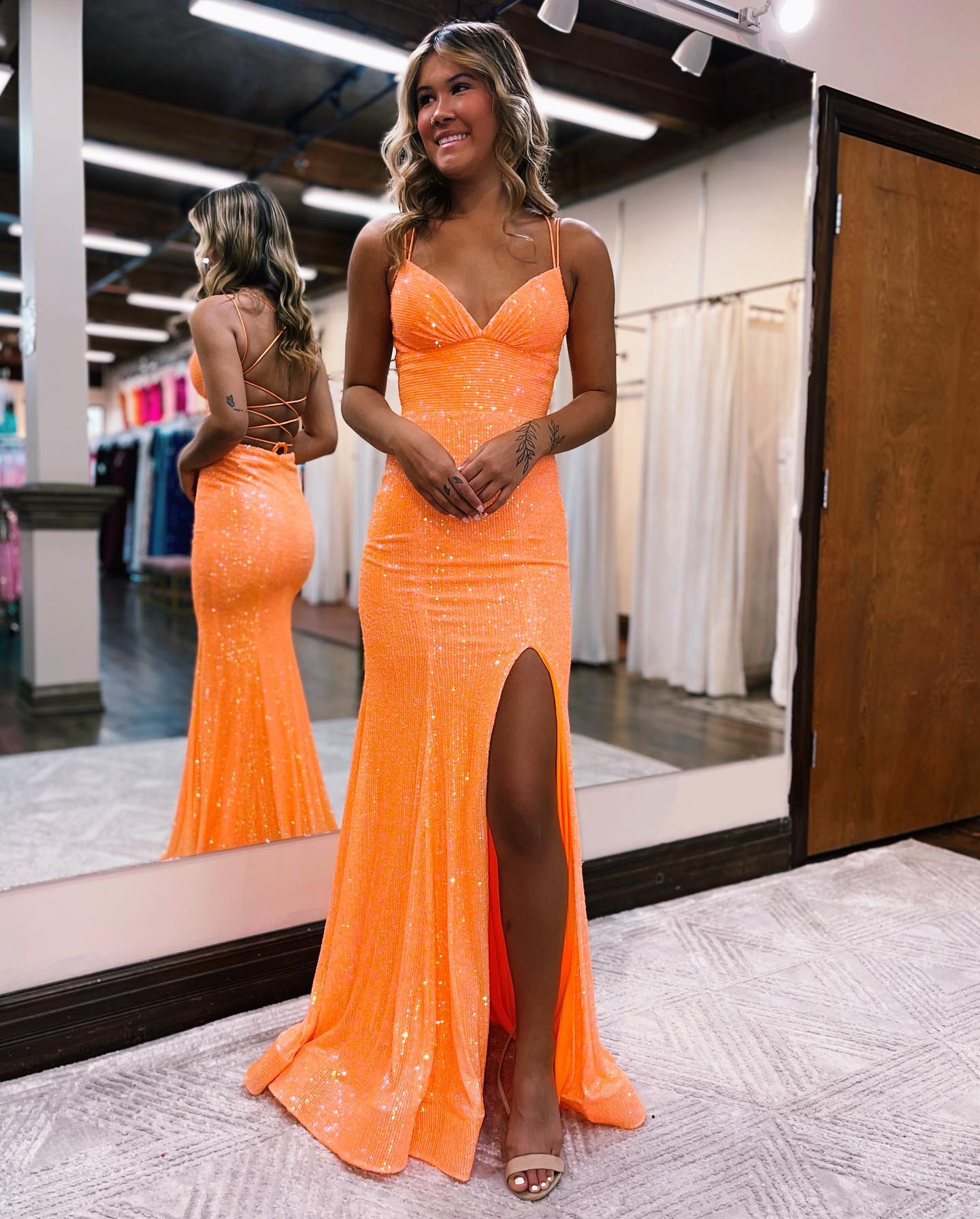 Mermaid Spaghetti Straps Lace Up-Corset Prom Dress With Split