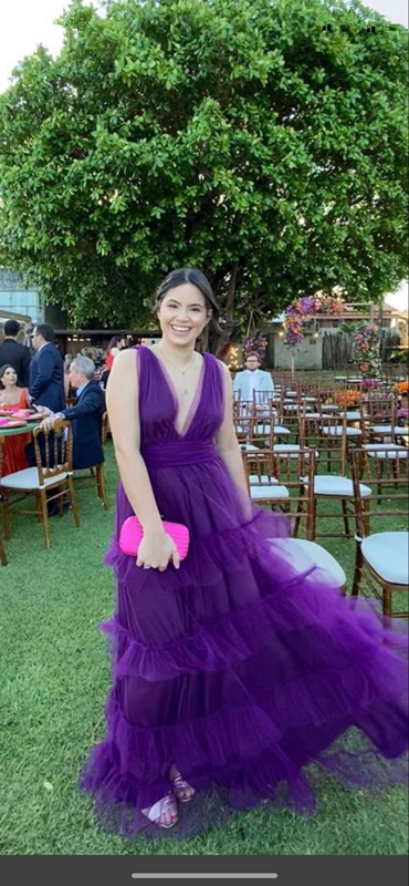 Deep V Neck Purple A-line Tulle Prom Dress,Purple Formal Gown - View 2 | VelvetHem