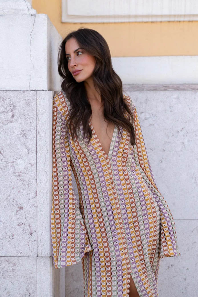 Pilar Chic Boho V Neck Bell Sleeve Maxi Dress, Wavy Striped Crochet Beach Holiday Dress Evening Wear Edit