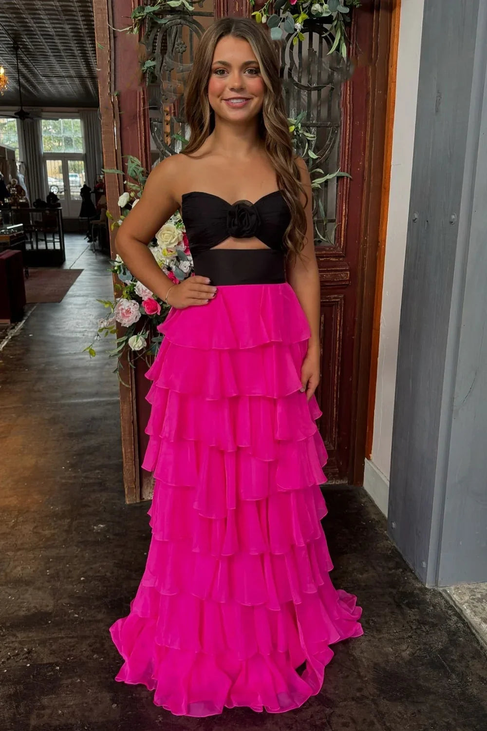Sweety A-Line Sweetheart Pink Printed Long Tiered Prom Dress with Slit