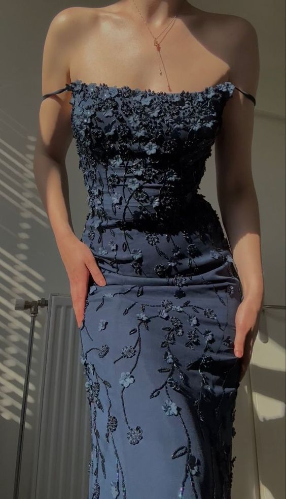 Vintage Navy Blue Spaghetti Straps Appliques Prom Dress Mermaid Birthday Outfits Evening Dress Y7456