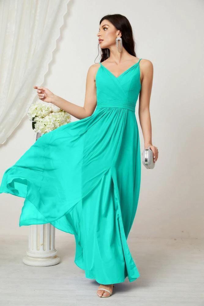Numbersea Chiffon V-Neck Bridesmaid Dress Spaghetti Strap Long Formal Party Prom Gowns with Slit 28010 by numbersea